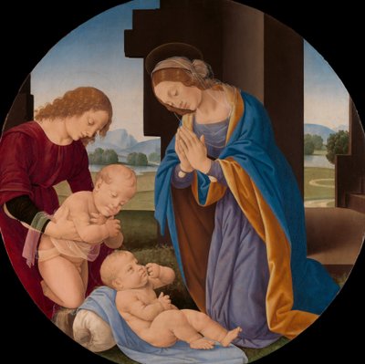 Madonna palvomassa lasta pikkulapsen Pyhän Johannes Kastajan ja enkelin kanssa, 1490-luvun alku. tekijältä Lorenzo di Credi