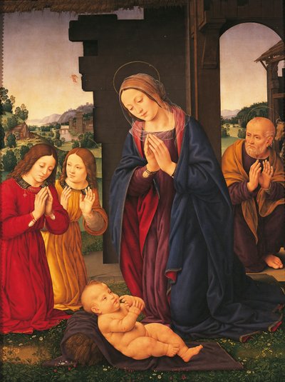 Lapsen ja enkelien palvonta, Lorenzo di Credi (1459-1536), tempera kankaalle tekijältä Lorenzo di Credi
