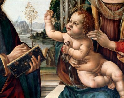 Neitsyt lapsen kanssa ja kaksi pyhää, pyhä Matteus ja pyhä Hieronymus (Neitsyt lapsen kanssa ja kaksi pyhää, pyhä Matteus ja pyhä Hieronymus) Yksityiskohta Lorenzo di Credin (1459-1537) maalaus Firenze, kirkko santo Spirito Italia tekijältä Lorenzo di Credi