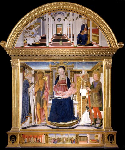 Madonna lapsen kanssa ja pyhät Blaise, Johannes Kastaja, Nikolaus ja Florian. Ilmoitus, 1462 tekijältä Lorenzo di Pietro