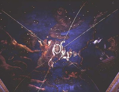 Jumalatar Diana vaunuissaan eläinradan merkkien kuvausten ympäröimänä Sala dello Zodiacosta. tekijältä Lorenzo the Younger Costa