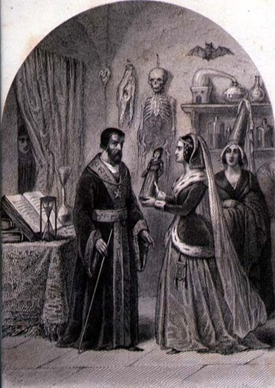 Asiakas vierailee noidan luona, kaiverrus Philibert Langlois (fl.c.1834-9) (kaiverrus) tekijältä Louis (after) Marckl