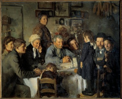 Talonpoikien Golden Wedding Family -ateria. Louis Adolphe Dechenaud (1868-1926) maalaus 1909 su. 1,66 x 2,03 m Dijon, Musee des Beaux Arts tekijältä Louis Adolphe Dechenaud