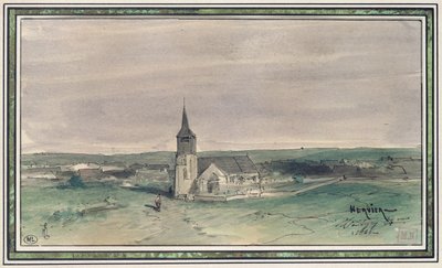 Kirkko ja kylä keskellä peltoa, Montigny, 1866 (kynä ja muste ja wc paperilla) tekijältä Louis Adolphe Hervier