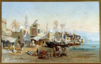 Egyptin Boulackin sataman kalastajat ja moskeijat Amable Louis Crapeletin maalaus (1822-1867) Sun. 41x64 cm Pakollinen maininta: Regards de Provence Foundation Collection, Marseille tekijältä Louis Amable Crapelet