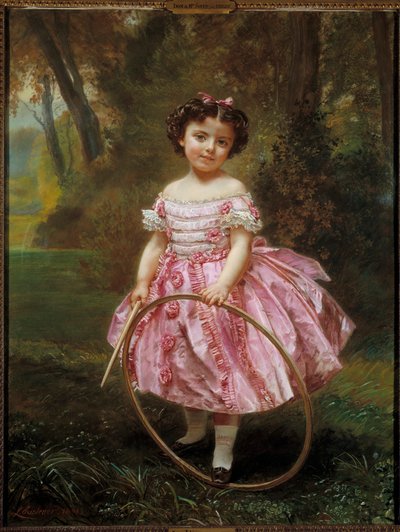Mademoiselle Ehrler: Pieni tyttö leikkii vanteella, Louis Antoine Leon Riesenerin maalaus (1808-1878) tekijältä Louis Antoine Leon Riesener