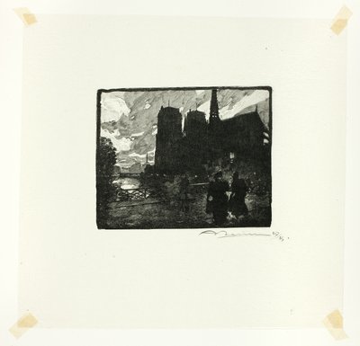 Notre-Dame, ilta, levy kahdeksan Le Long de la Seine et des Boulevards -teoksesta. tekijältä Louis Auguste Lepère