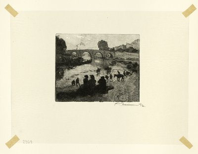 Hevoslampi Pont Marien luona, levy kymmenen Le Long de la Seine et des Boulevards -teoksesta. tekijältä Louis Auguste Lepère