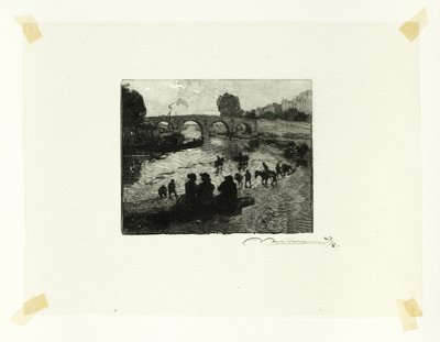 Hevoslampi Pont Marien luona, levy kymmenen Le Long de la Seine et des Boulevards -teoksesta. tekijältä Louis Auguste Lepère