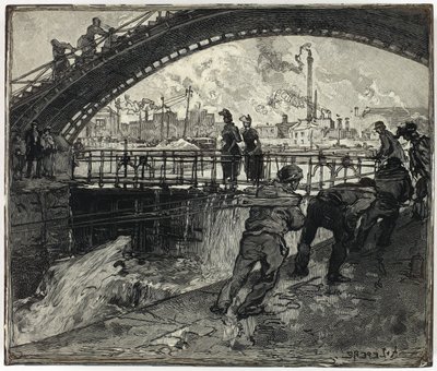 Puupiirros Canal Saint-Martinin sulkua varten tekijältä Louis Auguste Lepère