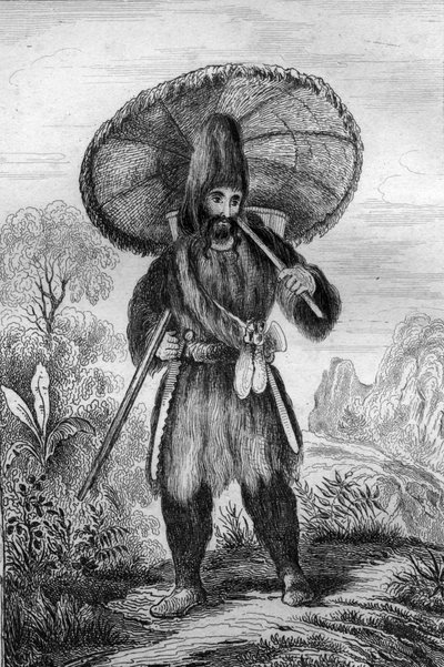 Minulla oli yllään korkea hattu... kaiverrus M. de Sainsonin piirustuksen mukaan Daniel Defoen kirjaan (De foe) "Robinson Crusoe"" ranskankielinen painos vuodelta 1837. tekijältä Louis Auguste de Sainson