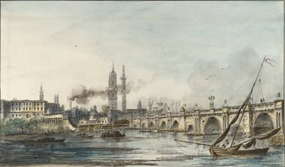 Näkymä Thamesin yli kohti Pyhän Magnuksen kirkkoa ja monumenttia, 1700-luvun loppu tekijältä Louis Bélanger