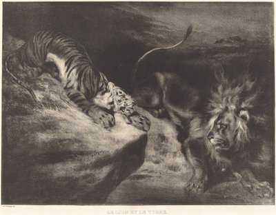 Leijona ja tiikeri tekijältä Louis Candide Boulanger after Eugène Delacroix