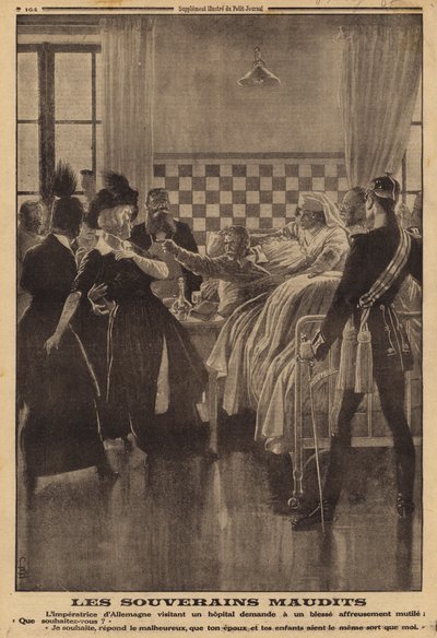 Haavoittuneen sotilaan vihainen reaktio sairaalassa keisarinna Augusta Victorian vierailuun, ensimmäinen maailmansota tekijältä Louis Charles (after) Bombled