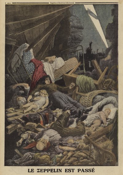 Perhe kuoli saksalaisen Zeppelinin pommi-iskussa, ensimmäinen maailmansota, 1916 (väri litho) tekijältä Louis Charles (after) Bombled