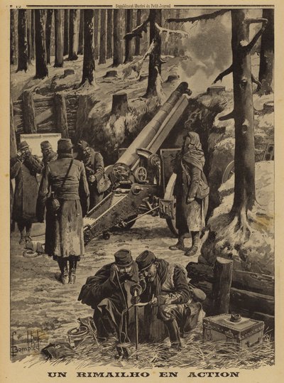 Ranskan armeijan Rimailho nopean tulipalon keskihaupitsi toiminnassa, ensimmäinen maailmansota tekijältä Louis Charles (after) Bombled