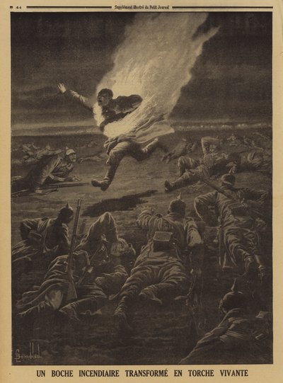 Palavia materiaaleja kantava saksalainen sotilas muuttui ihmissoihdoksi yötaistelun aikana, I maailmansota tekijältä Louis Charles (after) Bombled