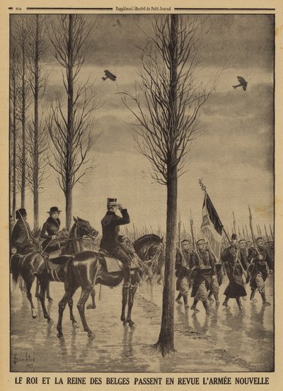 Belgian kuningas Albert I ja kuningatar Elisabeth arvioivat uutta armeijaansa, ensimmäistä maailmansotaa tekijältä Louis Charles (after) Bombled