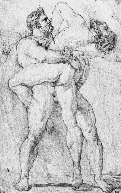 Hercules kuristava Antaeus (grafiittikynä paperilla) tekijältä Louis Charles Auguste Couder