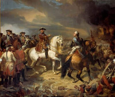 Saksin Marechal voitti Lawfeldin taistelun 27.7.1747. Kuningas Ludvig XV:n ranskalainen armeija voitti Cumberlandin herttuan britit. Louis Charles Auguste Couderin (1789-1873) maalaus 1836 su. 4,65x5,43 m -Lauffeldin taistelu tekijältä Louis Charles Auguste Couder