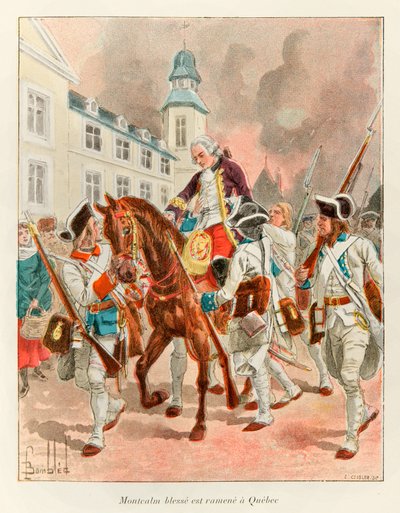 Bombled Louis (1862 - 1927); Kenraali Louis Joseph (Louis-Joseph) Montcalmista (1712-1759) loukkaantunut palasi Quebeciin Abrahamin tasangoilla käydyn taistelun jälkeen 13. syyskuuta tekijältä Louis Charles Bombled
