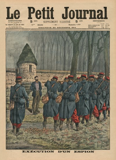 Vakoilijan teloitus, etukannen kuvitus "Le Petit Journalista", liitekuva, 20. joulukuuta 1914 tekijältä Louis Charles Bombled