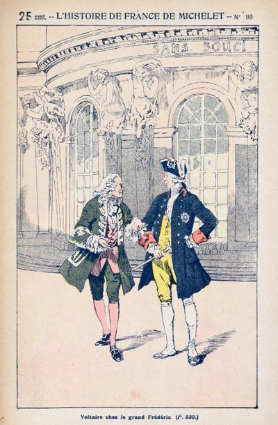 Francois Voltaire (1694-1778) Preussin kuninkaan Frederick II:n (1712-86) kanssa Sanssoucissa lähellä Potsdamia Jules Micheletin (1798-1874) "Histoire de Francesta" n. 1900 tekijältä Louis Charles Bombled