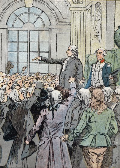Ranskan vallankumous: "" Varajäsen Jean Sylvain Bailly (1736-1793) valittiin Pariisin pormestariksi 15.7.1789 La Fayetten läsnä ollessa"" (poliittinen johtaja Jean-Sylvain Bailly valittiin Pariisin pormestariksi 15. heinäkuuta 1789) Kuvitus Louis Charles B tekijältä Louis Charles Bombled