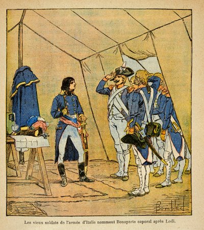Pommitetun Louisin (1862-1927) kuvitus kreivi Emmanuel de Las Casesin (1766-1842) kirjasta "The Memorial of Saint Helene": Italian armeijan vanhat sotilaat nimeltä Bonaparte alikersantti Lodin taistelun jälkeen vuonna 1796, yksityinen Kokoelma tekijältä Louis Charles Bombled