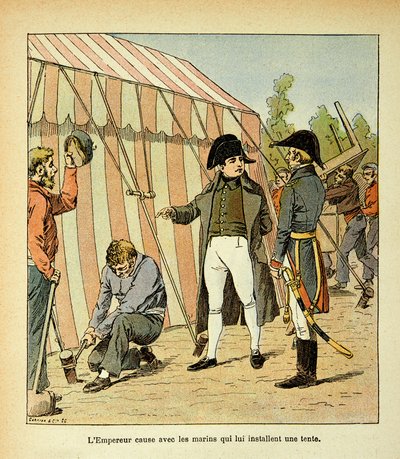 Bombled Louisin (1862-1927) kuvitus kreivi Emmanuel de Las Casesin (1766-1842) kirjasta "Saint Helenen muistomerkki": Keisari Napoleon keskustelee merimiesten kanssa, jotka pystyttivät hänelle teltan, yksityiskokoelma. tekijältä Louis Charles Bombled