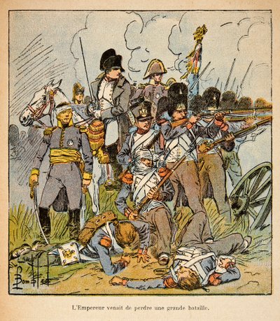 Bombled Louisin (1862-1927) kuvitus kreivi Emmanuel de Las Casesin (1766-1842) kirjasta "Pyhän Helenan muistomerkki": Keisari Napoleon Waterloon taistelussa vuonna 1815, yksityiskokoelma. tekijältä Louis Charles Bombled