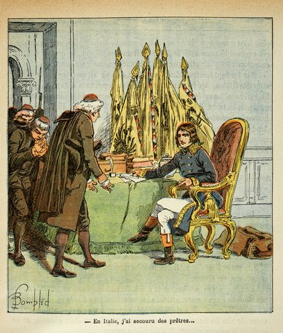 Bombled Louisin (1862-1927) kuvitus kreivi Emmanuel de Las Casesin (1766-1842) kirjasta "The memorial se Sainte Helene": Italian kampanjan aikana Bonaparte pelastaa pappeja, yksityinen kokoelma tekijältä Louis Charles Bombled