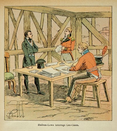 Il·lustració de Louis bombardejat (1862-1927) del comte Emmanuel de Las Cases (1766-1842): el governador Hudson Lowe (1769-1844) preguntes a Las Cases, col·lecció privada finlandès tekijältä Louis Charles Bombled