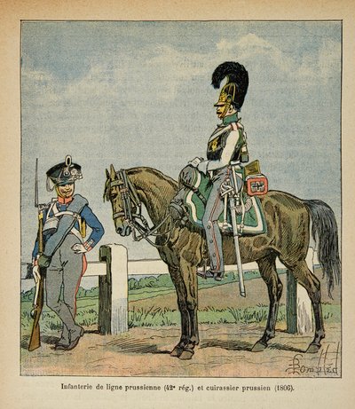 Kuvitus Bombled Louisista (1862-1927) kreivi Emmanuel de Las Casesin (1766-1842) kirjasta "Saint Helenen muistomerkki": Preussilaisen linjan jalkaväki (42, eme rykmentti) ja preussilaiset taistelulaivat. tekijältä Louis Charles Bombled