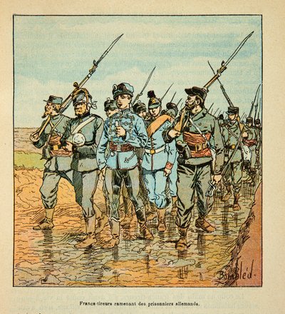 Loiren armeija, Eugene Sergent, Grenest, kuvittanut Louis Bombled (1862-1927) (Ranskan ja Saksan sota; kampanja 1870-1871): Vapaasitorit tuomassa takaisin saksalaisia ​​vankeja lokakuussa 1870, yksityinen kokoelma tekijältä Louis Charles Bombled
