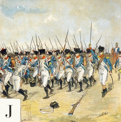 J-kirjain: Nuori vartija, "Je serai soldat" (Minusta tulee sotilas) - Sotilaaakkoset tekijältä Louis Charles Bombled