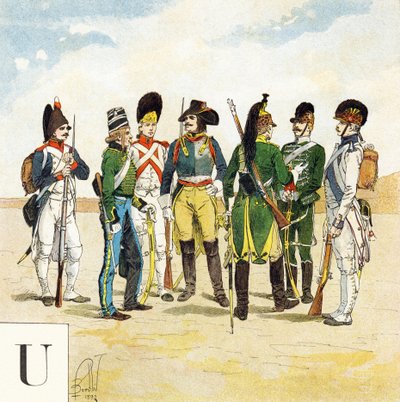 U-kirjain: Ranskan armeijan univormut, "Je serai soldat" (Minusta tulee sotilas) - Sotilaaakkoset tekijältä Louis Charles Bombled