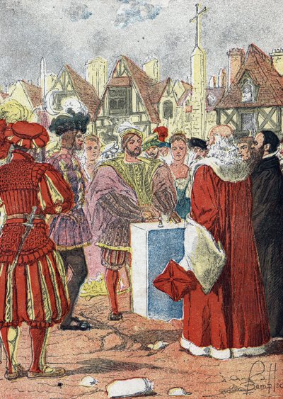 Ranskan kuningas Francois I poseeraa italialaisen arkkitehdin Boccadorin piirtämästä Hotel de Ville de parisin ensimmäisestä kivestä tekijältä Louis Charles Bombled