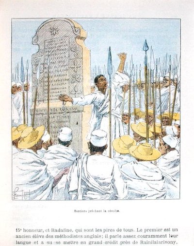 Noidat saarnaavat kapinaa Ranskaa vastaan Ranskan miehityksen jälkeen Madagaskarissa vuonna 1895, kuvitus D.H.Gallin teoksesta "La guerre a Madagascar", 1800-luvun loppu (värilitho) tekijältä Louis Charles Bombled