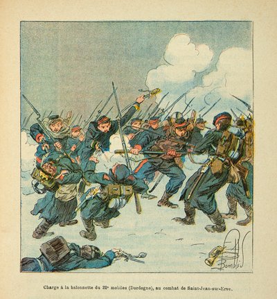 Eugene Sergeantin Loire-armee, joka tunnetaan nimellä Grenest, kuvittanut Louis Bombled (1862-1927) (Ranskan ja Saksan sota; kampanja 1870 -1871): hyökkäys 22. matkapuhelimen (Dordogne) baionettille taistelussa Saint Jean sur Evre tammikuussa 1871, P tekijältä Louis Charles Bombled