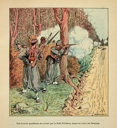 Eugene Sergentin Loiren armeija, joka tunnetaan nimellä Grenest, kuvittanut Louis Bombled (1862-1927) (Ranskan ja Saksan sota; kampanja 1870-1871): Orleansin sota, paavilliset zouavit vetäytyivät Orleansin metsän läpi pitämällä hallussaan Baijerit shakissa tekijältä Louis Charles Bombled