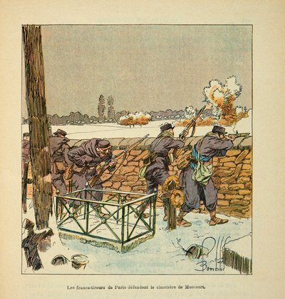 Eugene Sergentin Loiren armeija, joka tunnetaan nimellä Grenest, kuvittanut Louis Bombled (1862-1927) (Ranskan ja Saksan sota; kampanja 1870 -1871): Pariisin ranskalaiset ampujat puolustavat Montsortin (Alencon) hautausmaata tammikuussa 1871, yksityinen ko tekijältä Louis Charles Bombled