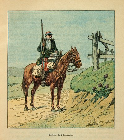 Eugene Sergent, tunnettu nimellä Grenest, Loiren armeija, kuvittanut Louis Bombled (1862-1927) (Ranskan ja Saksan sota; vuosien 1870-1871 kampanja): 6. husaarijoukkojen tähti, mukana Touryn taistelussa lokakuussa 1870, yksityiskokoelma. tekijältä Louis Charles Bombled