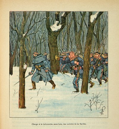 Eugene Sergentin The Armee of the Loire, joka tunnetaan nimellä Grenest, kuvittanut Louis Bombled (1862-1927) (Ranskan ja Saksan sota; kampanja 1870 -1871): Le Mansin taistelu tammikuussa 1871, Sarthen matkapuhelimien lataaminen , Yksityinen kokoelma tekijältä Louis Charles Bombled