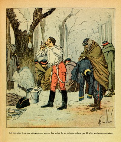 Eugene Sergeantin itäinen armeija, kuten Grenest, kuvittanut Louis Bombled (1862-1927) (Ranskan-Saksan sota; kampanja 1870-1871): Kapteeni Gaucher ei luovu vessan hoidosta edes keskellä talvi, yksityinen kokoelma tekijältä Louis Charles Bombled