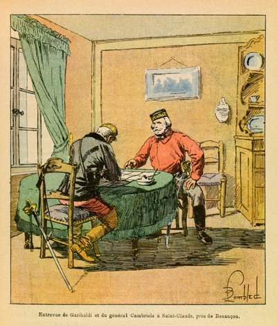 Eugene Sergeantin itäinen armeija, kuten Grenest, kuvittanut Louis Bombled (1862-1927) (Ranskan ja Saksan sota; kampanja 1870-1871): Garibaldin ja kenraali Cambrielsin haastattelu Saint Claudessa lähellä Besanconia lokakuussa 1870, yksityinen kokoelma tekijältä Louis Charles Bombled