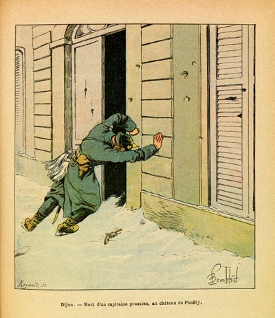 Eugene Sergeantin itäinen armeija, Grenest, kuvittanut Louis Bombled (1862-1927) (Ranskan ja Saksan sota; kampanja 1870-1871): Preussilaisen kapteenin kuolema Chateau de Pouillyssa, yksityinen kokoelma tekijältä Louis Charles Bombled
