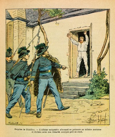 Eugene Sergeantin itäinen armeija, kuten Grenest, kuvittanut Louis Bombled (1862-1927) (Ranskan ja Saksan sota; kampanja 1870 -1871): Marraskuu 1870 Chatillon sur Seinen kapteeni Michard vangitsi saksalaisen tilinpitäjän hotellissa. de la Cote d tekijältä Louis Charles Bombled
