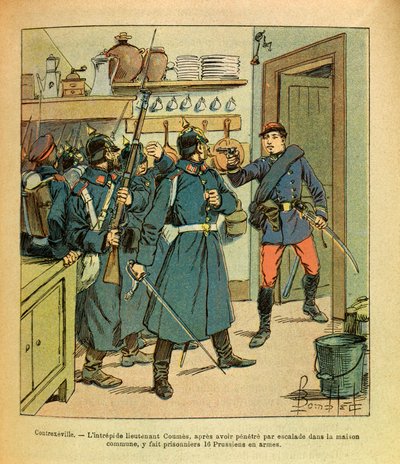 Eugene Sergeantin itäinen armeija, kuten Grenest, kuvittanut Louis Bombled (1862-1927) (Ranskan ja Saksan sota; kampanja 1870-1871): Contrexevillessä peloton luutnantti Coumes kiipesi yhteiseen taloon ja otti 16 preussilaista vankia. jonkin sisällä tekijältä Louis Charles Bombled