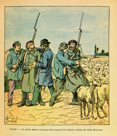 Eugene Sergeantin itäinen armeija, Grenest, kuvittanut Louis Bombled (1862-1927) (Ranskan ja Saksan sota; kampanja 1870 -1871): Talonpojaksi naamioitunut Martin-matkapuhelin takavarikoi kahden preussilaisen johtaman lammaslauman Langresiin marraskuussa 187 tekijältä Louis Charles Bombled